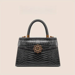 Faux Alligator Grain Handbag with Golden Tone Metal Emblems