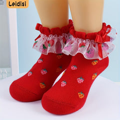 3 Pairs Baby Girl Lace Socks Strawberry Pattern Bowknot Socks