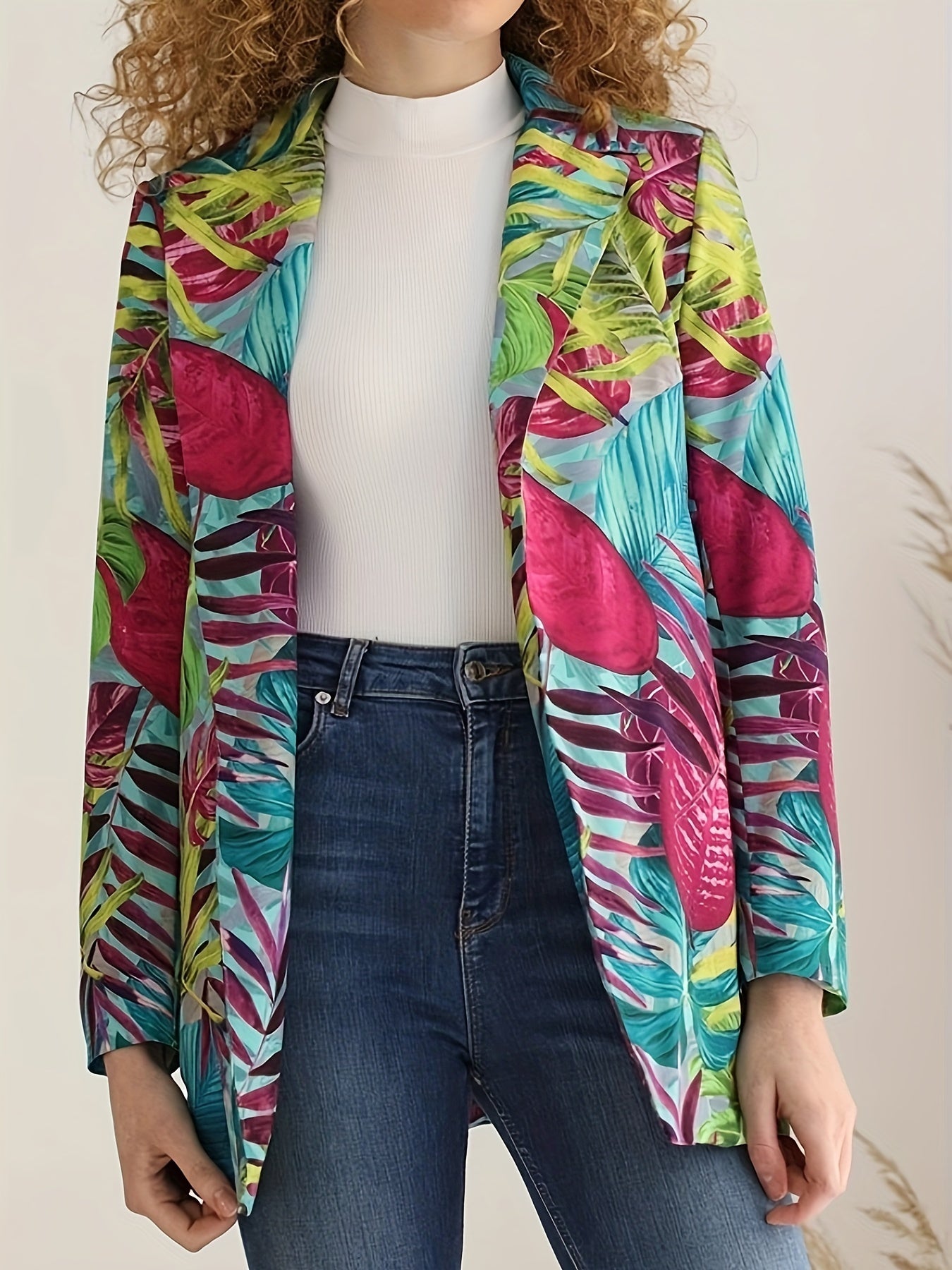 Boho Blazer Women's Plus Tropical Print Lapel Collar Open Front Blazer