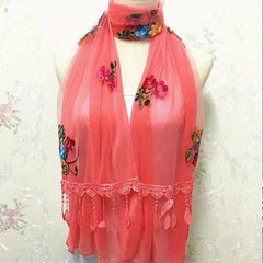 Lace Tassel Double Layer Gauze Scarf Embroidered Thin Shawl