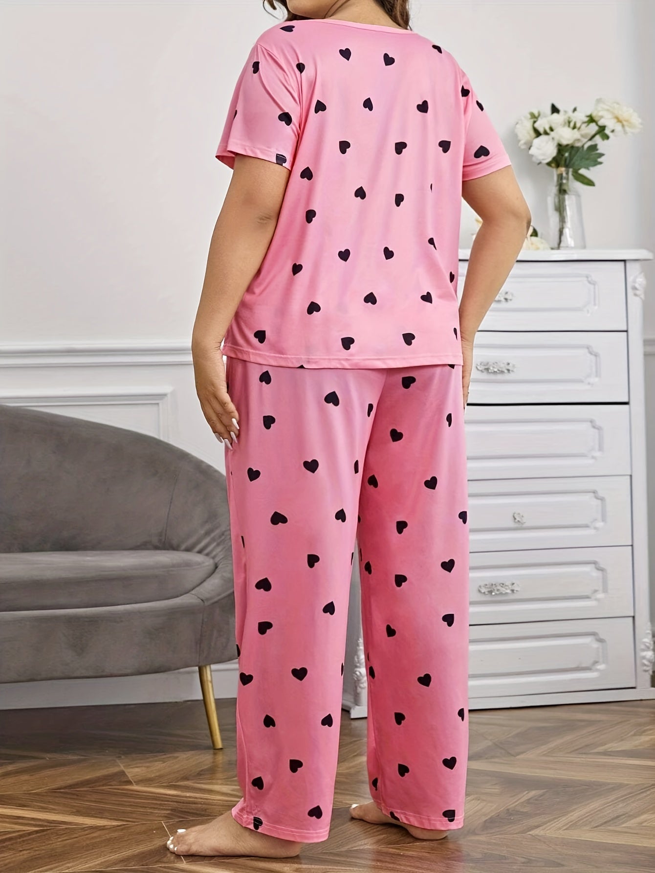 Heart Print Tee & Pants Loungewear Set Women's Two Piece Set