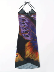 Butterfly Print Cover Up Dress Halter V Neck Tie Back Beachwear Dress