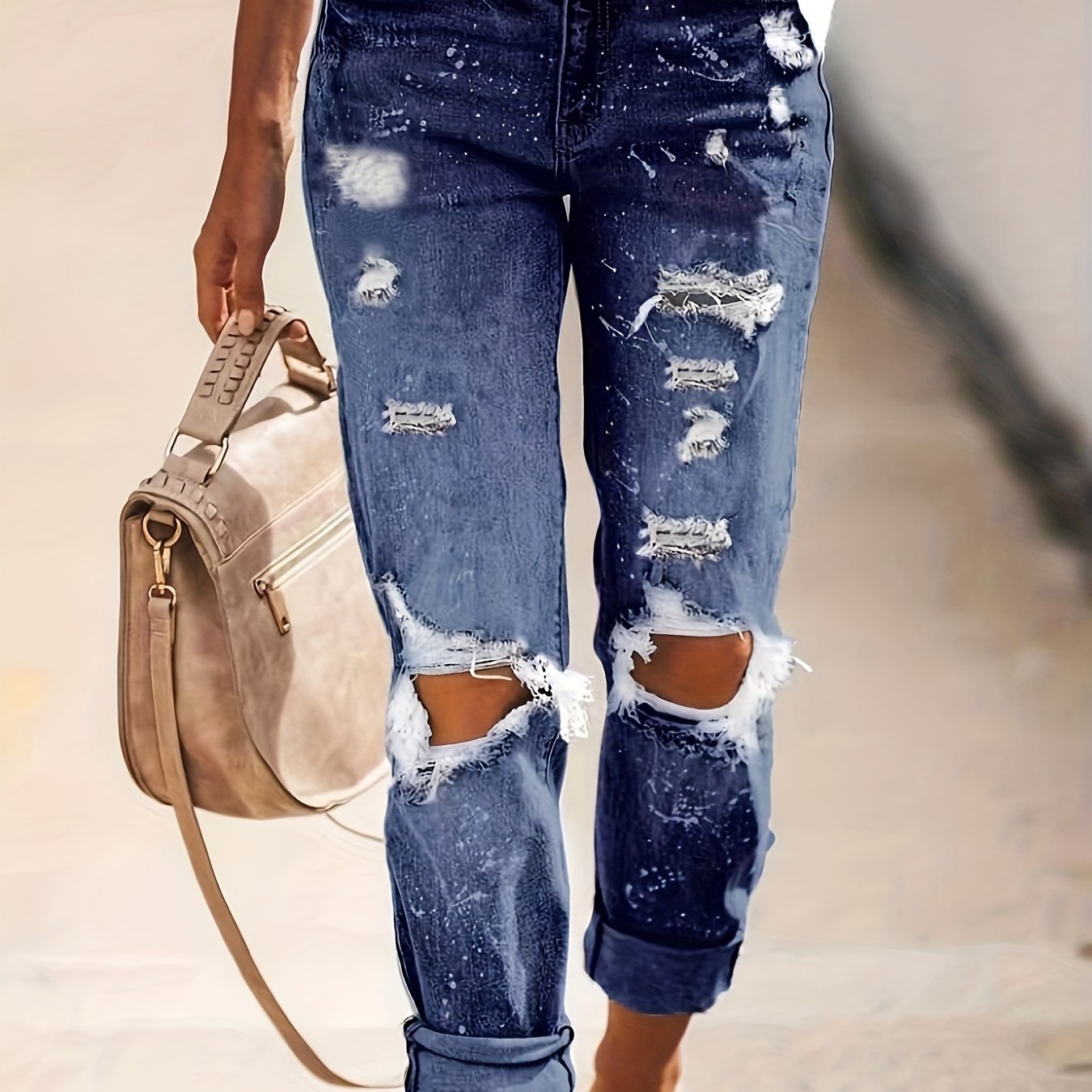 Women's Ripped Straight Jeans Non-Stretch Denim Pants