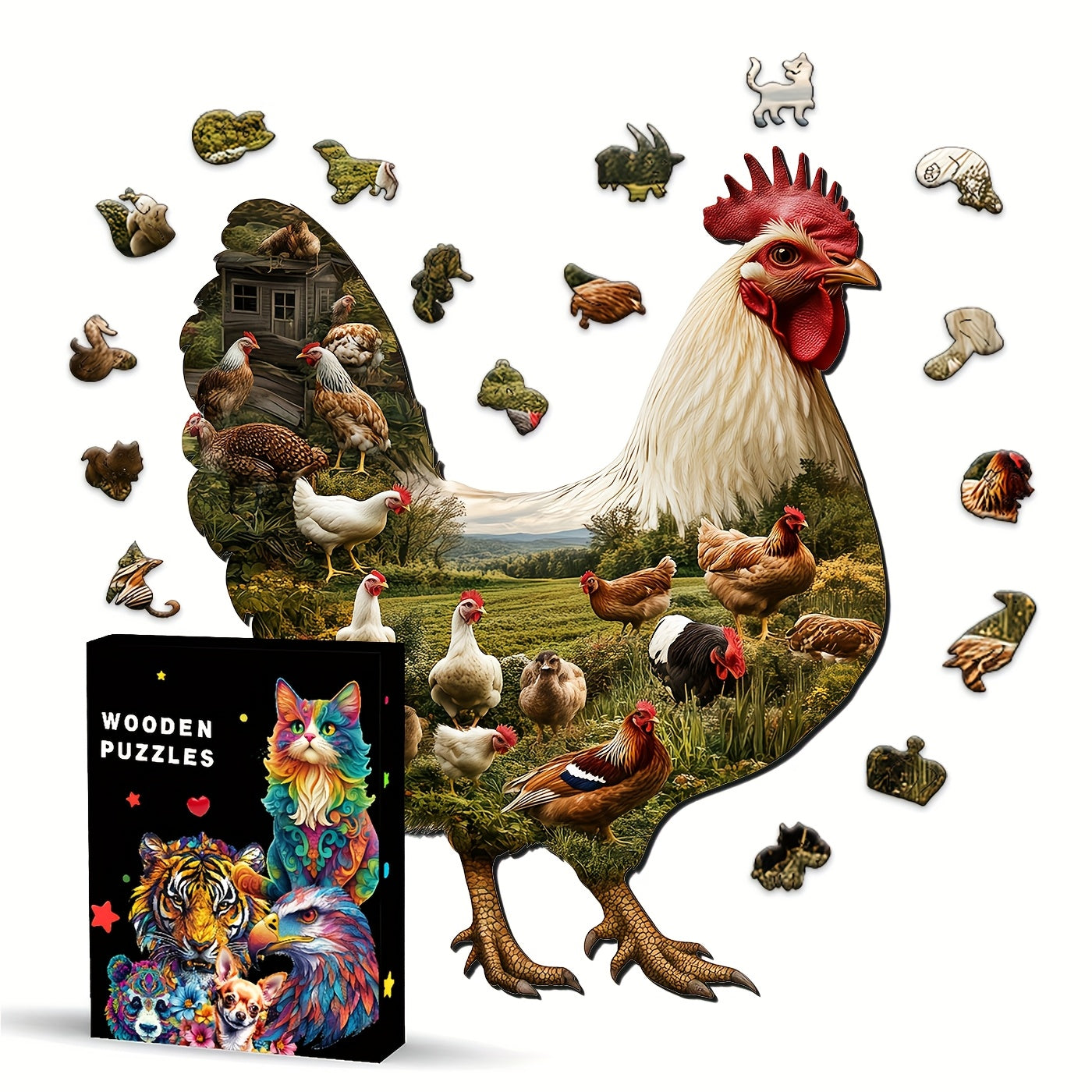 Wooden Puzzle Farm Chicken Trio Vibrant Mixed Colors Brain Stimulation Focus