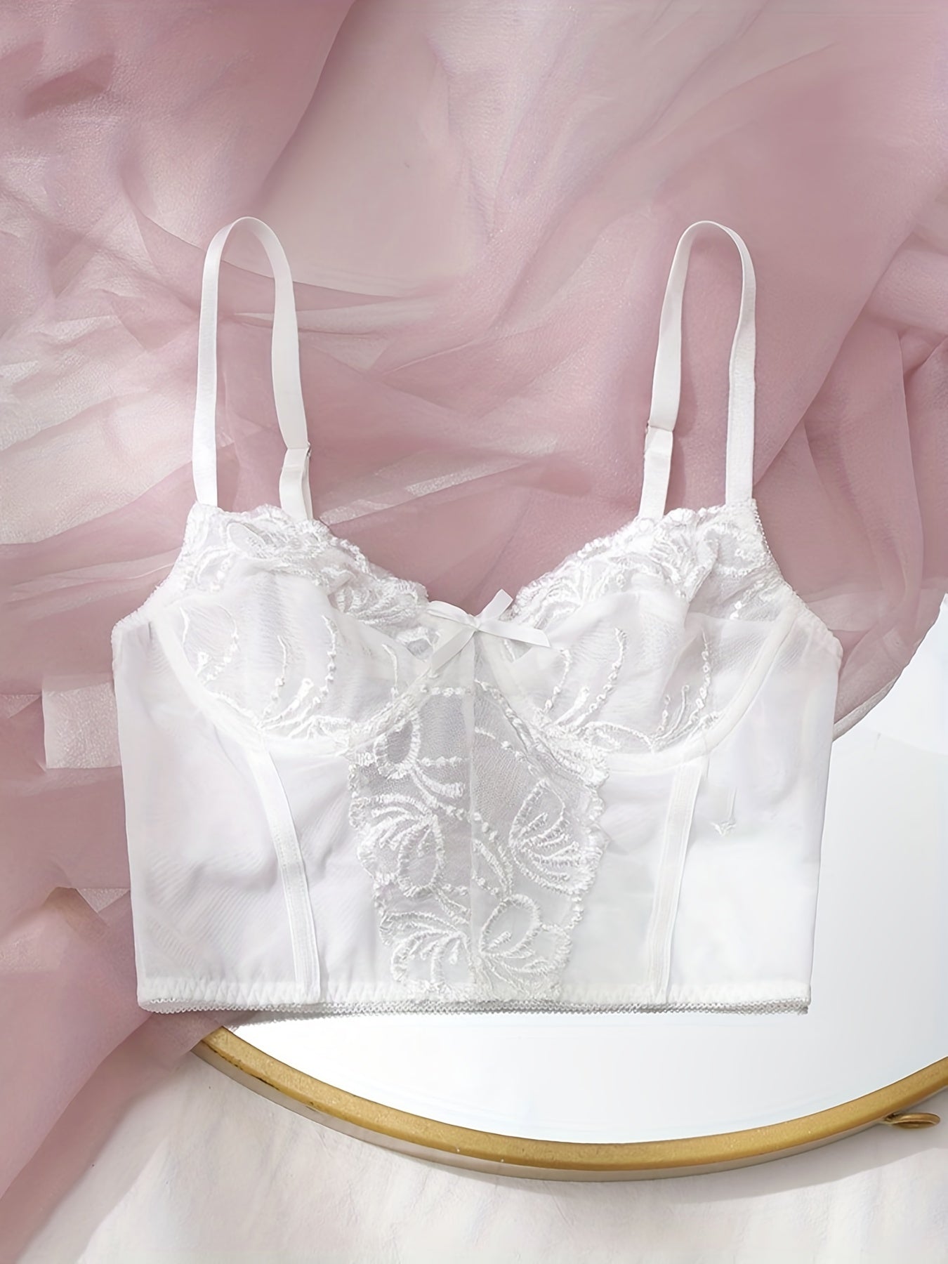Floral Lace Mesh Corset Bra Push Up Bow Tie Lingerie