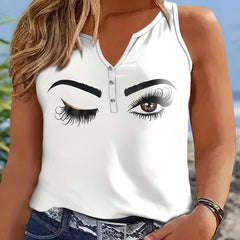 Eyelash Print Notched Neck Tank Top