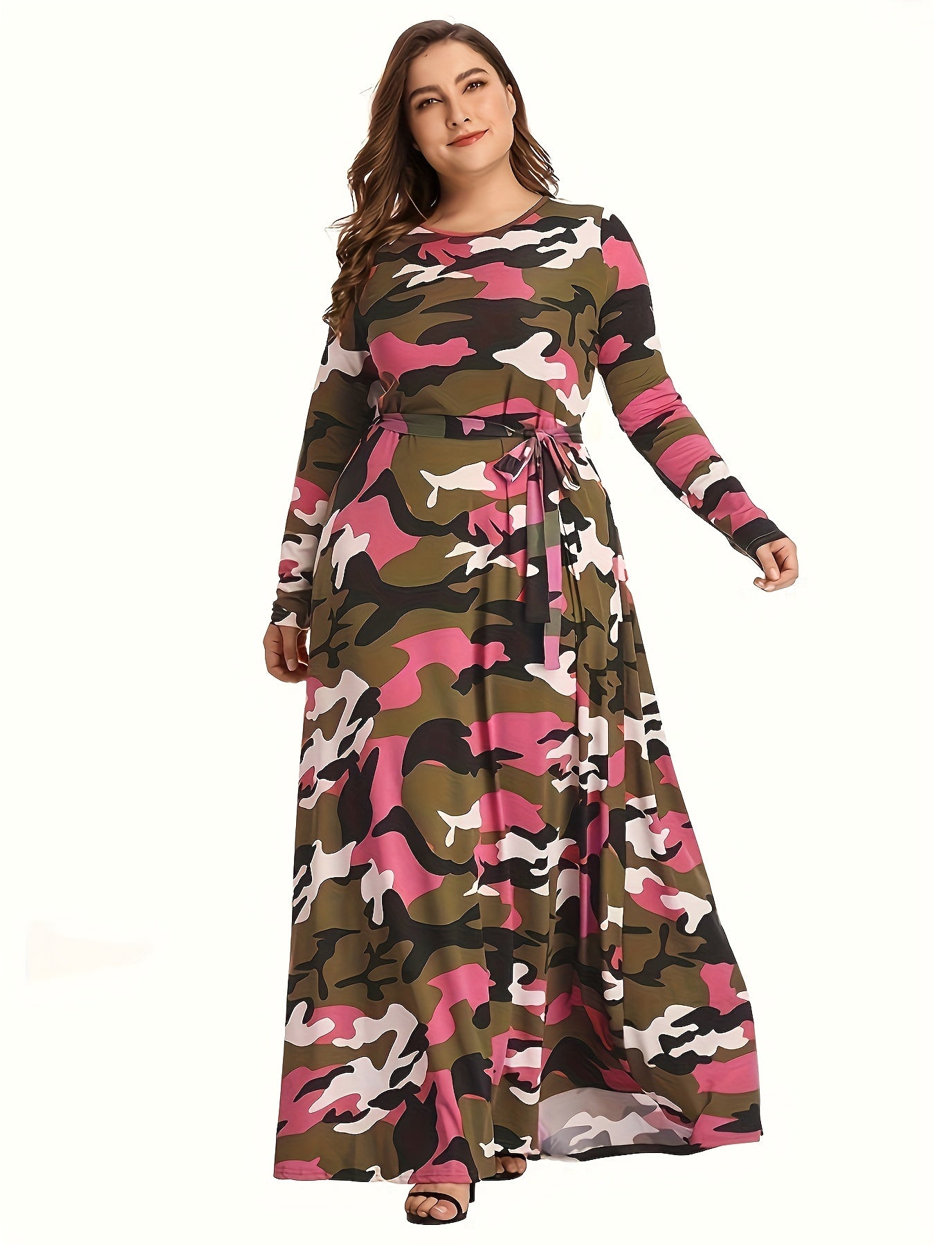 Camo Print Long Sleeve Maxi Dress With Belt