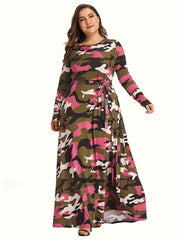 Camo Print Long Sleeve Maxi Dress With Belt
