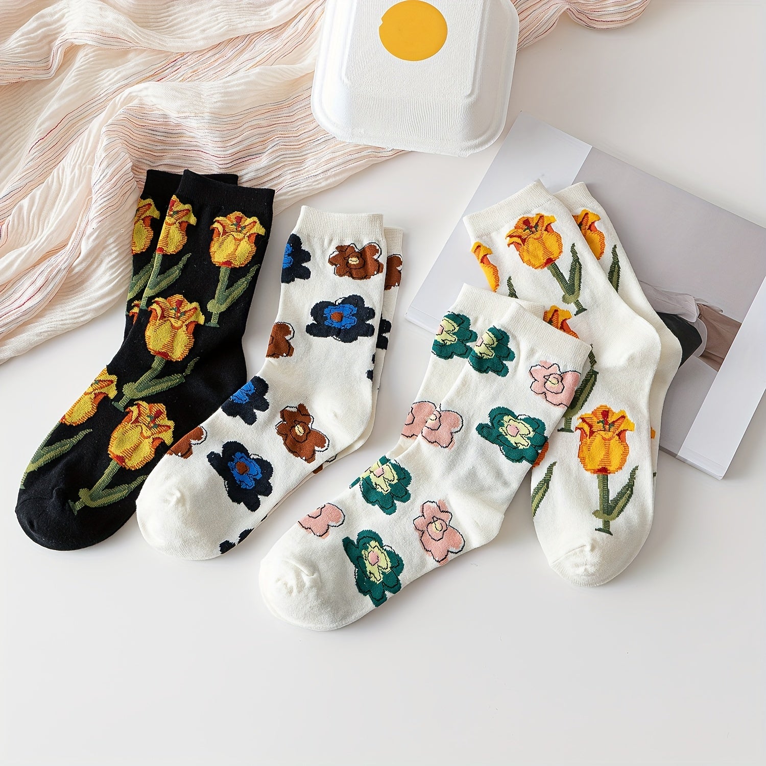 4 Pairs Rose Print Socks Soft & Mid Tube Socks Women's Stockings