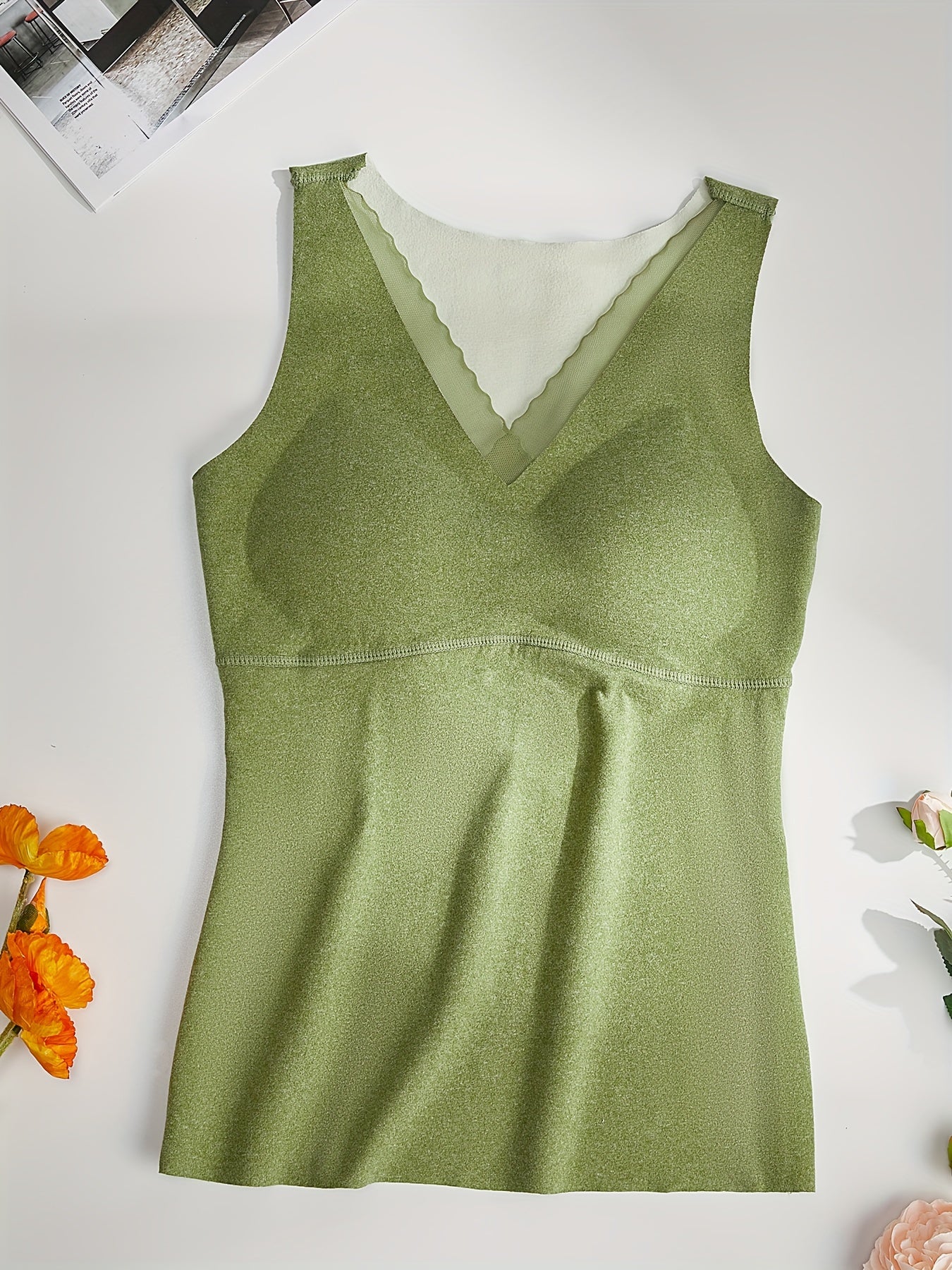 Mesh Stitching Thermal Tank Top V Neck Sleeveless Underwear Top