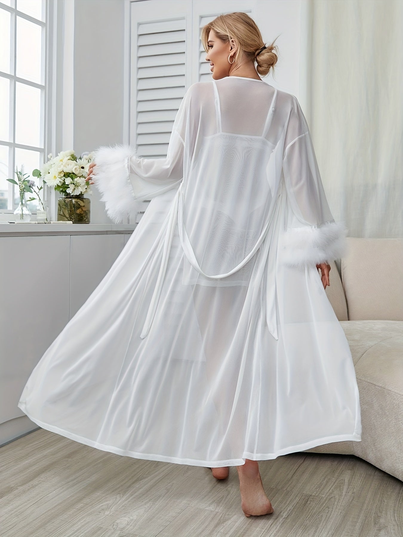 Feather Trim Robe & Slip Dress Pajama Set