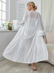 Feather Trim Robe & Slip Dress Pajama Set