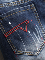 Men's Ripped Splash Print Denim Jeans Vintage Royal Straight Fit Shorts