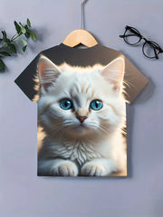 3D Cat Graphic Short Sleeve T shirt For Girls - Summer Sports