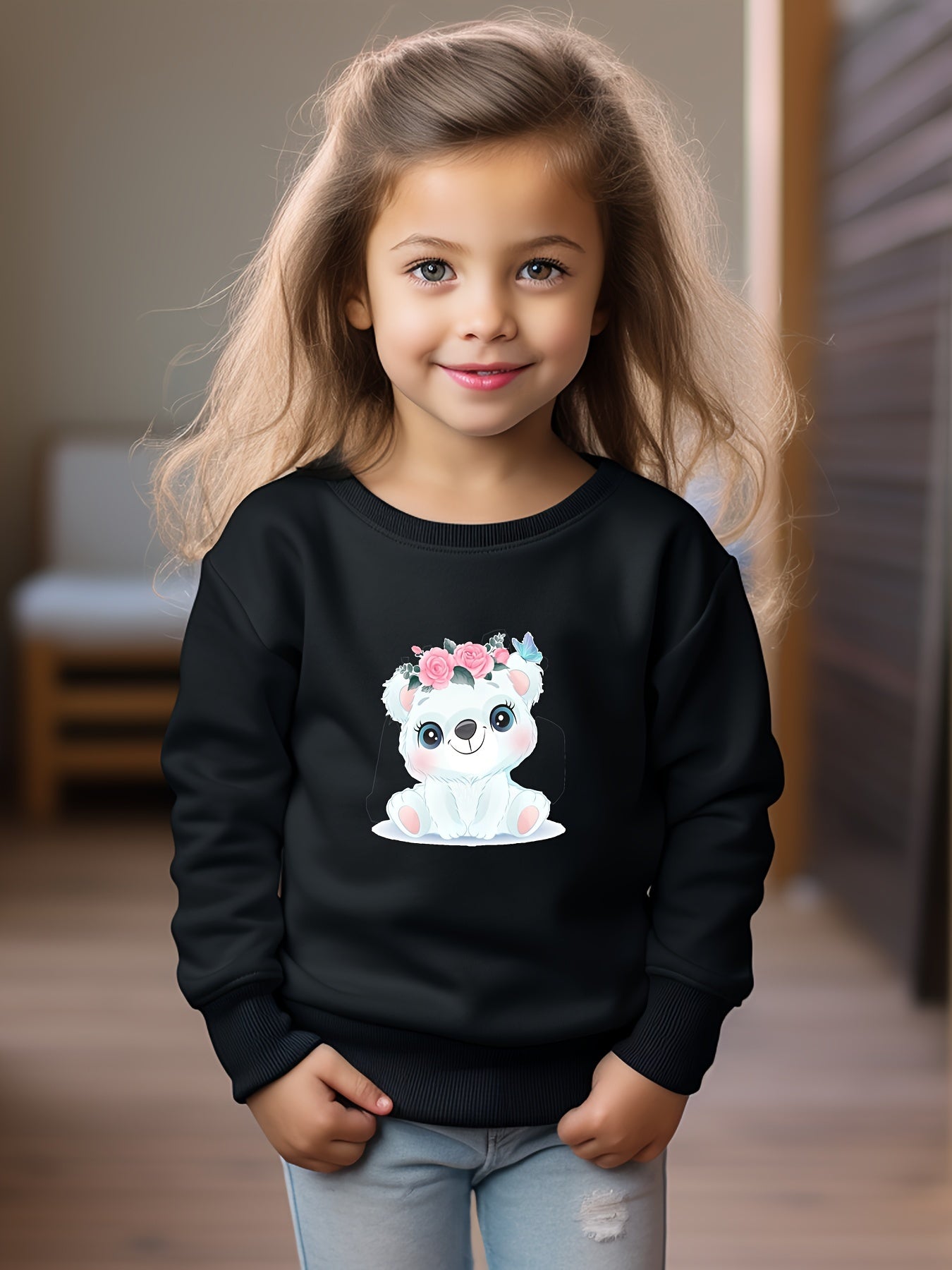 Adorable Flower Bear Crew Neck Sweatshirt Kids Christmas Gift