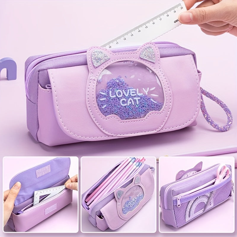 Purple Pencil Case Large Capacity Cat Head Pencil Bag for Girls Student