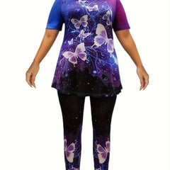 Loungewear Set Starry Sky & Butterfly Pattern Short Sleeve Top