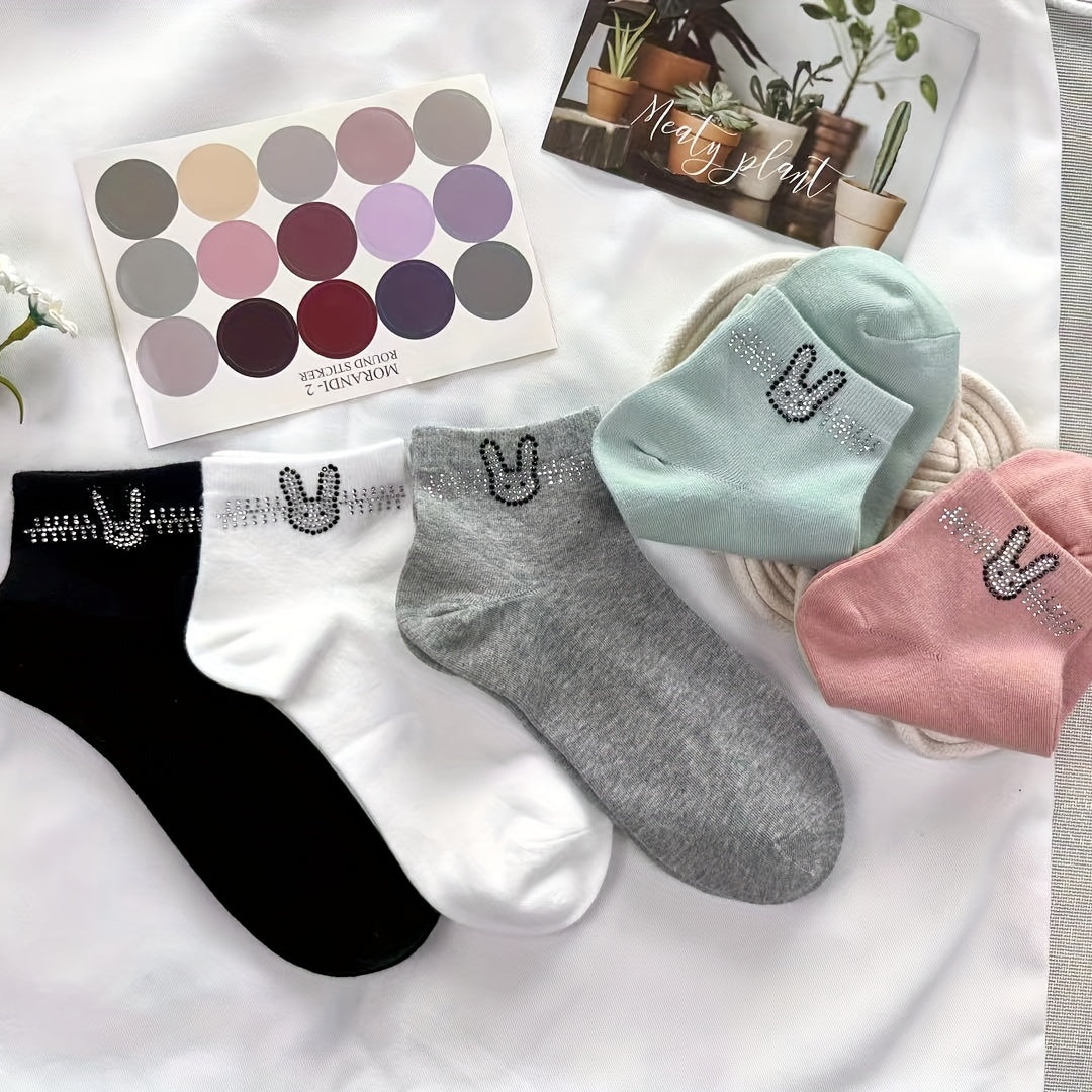 Bunny Rhinestone Crew Socks - Comfy & Breathable Women's Stockings