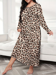 Leopard Print Long Sleeve Round Neck Nightdress