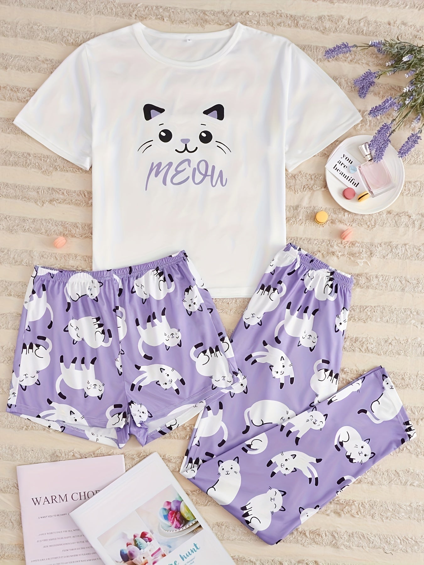 Cat Print Pajamas Set Short Sleeve Top & Shorts & Pants