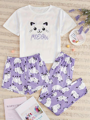 Cat Print Pajamas Set Short Sleeve Top & Shorts & Pants