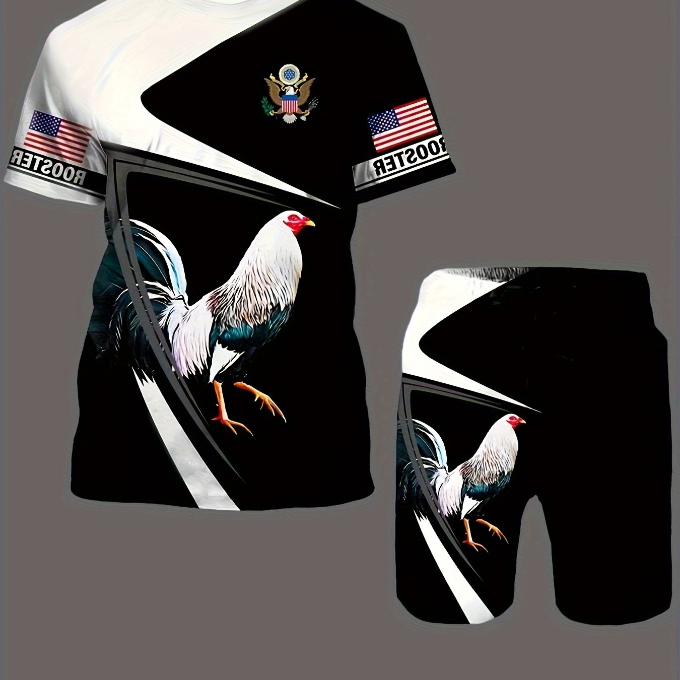 Rooster Pattern Mens 2 Piece Outfits T-shirt & Shorts Set For Summer