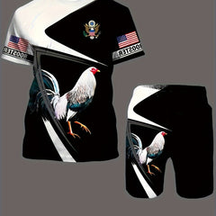Rooster Pattern Mens 2 Piece Outfits T-shirt & Shorts Set For Summer