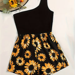 Sunflower Print One Shoulder Romper Jumpsuit