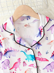 Girl's Dino Print Pajama Set Button Front Top & Elastic Pants