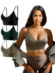 3pcs Spaghetti Strap Sports Bra V Neck Yoga Top