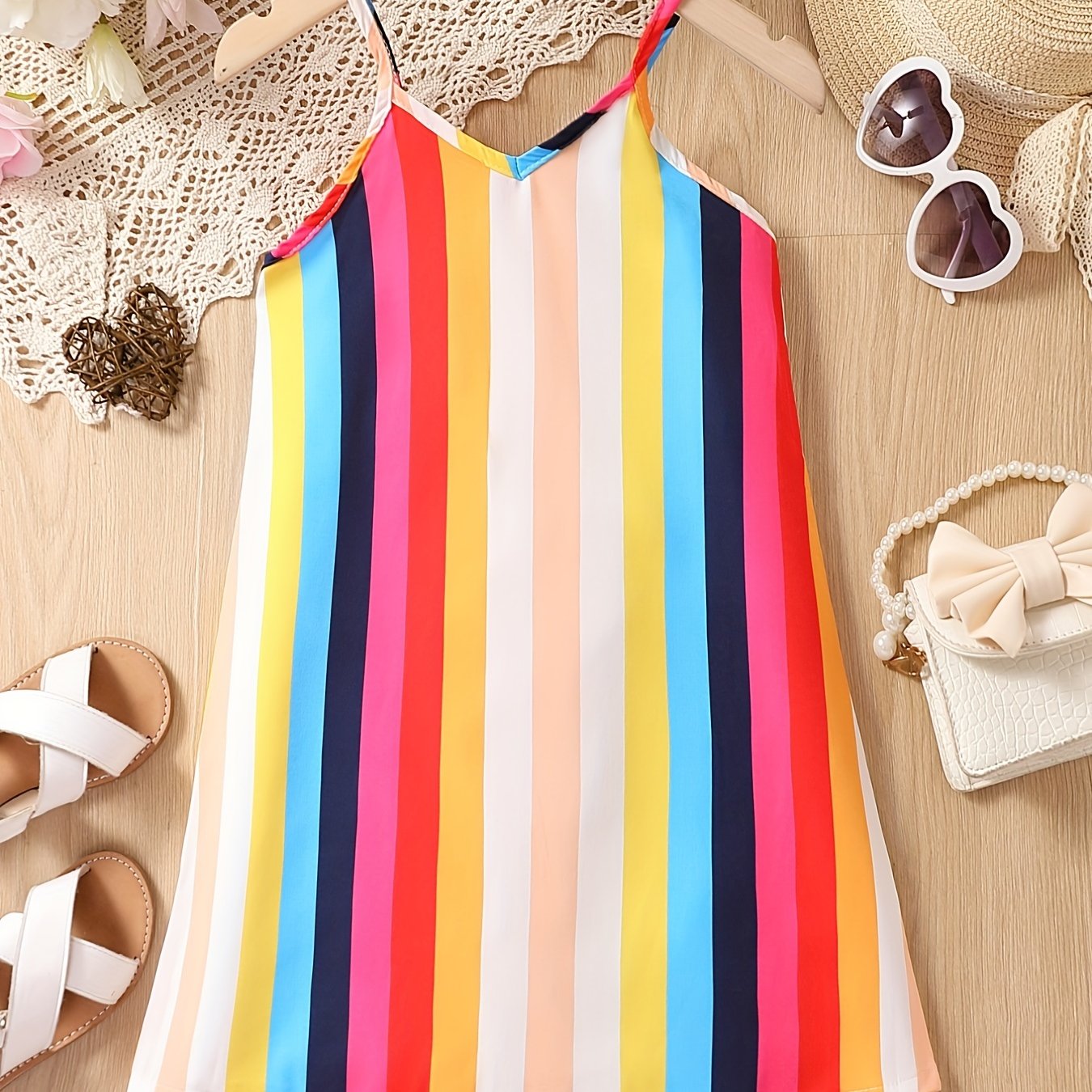 Girls Rainbow Stripes Print Cami Dress Beach Party Holiday Kids Summer Clothes