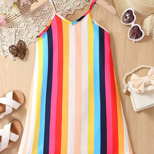 Girls Rainbow Stripes Print Cami Dress Beach Party Holiday Kids Summer Clothes