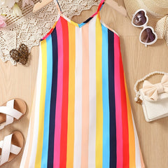Girls Rainbow Stripes Print Cami Dress Beach Party Holiday Kids Summer Clothes
