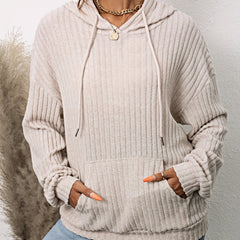 Ribbed Drawstring Hoodie with Kangaroo Pockets