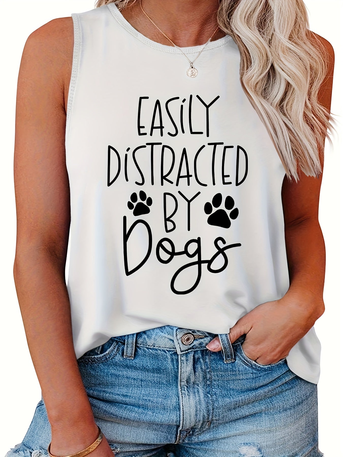Women's Tank Top Slogan & Paws Print Round Neck Tank Top