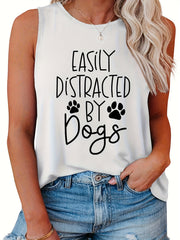Women's Tank Top Slogan & Paws Print Round Neck Tank Top