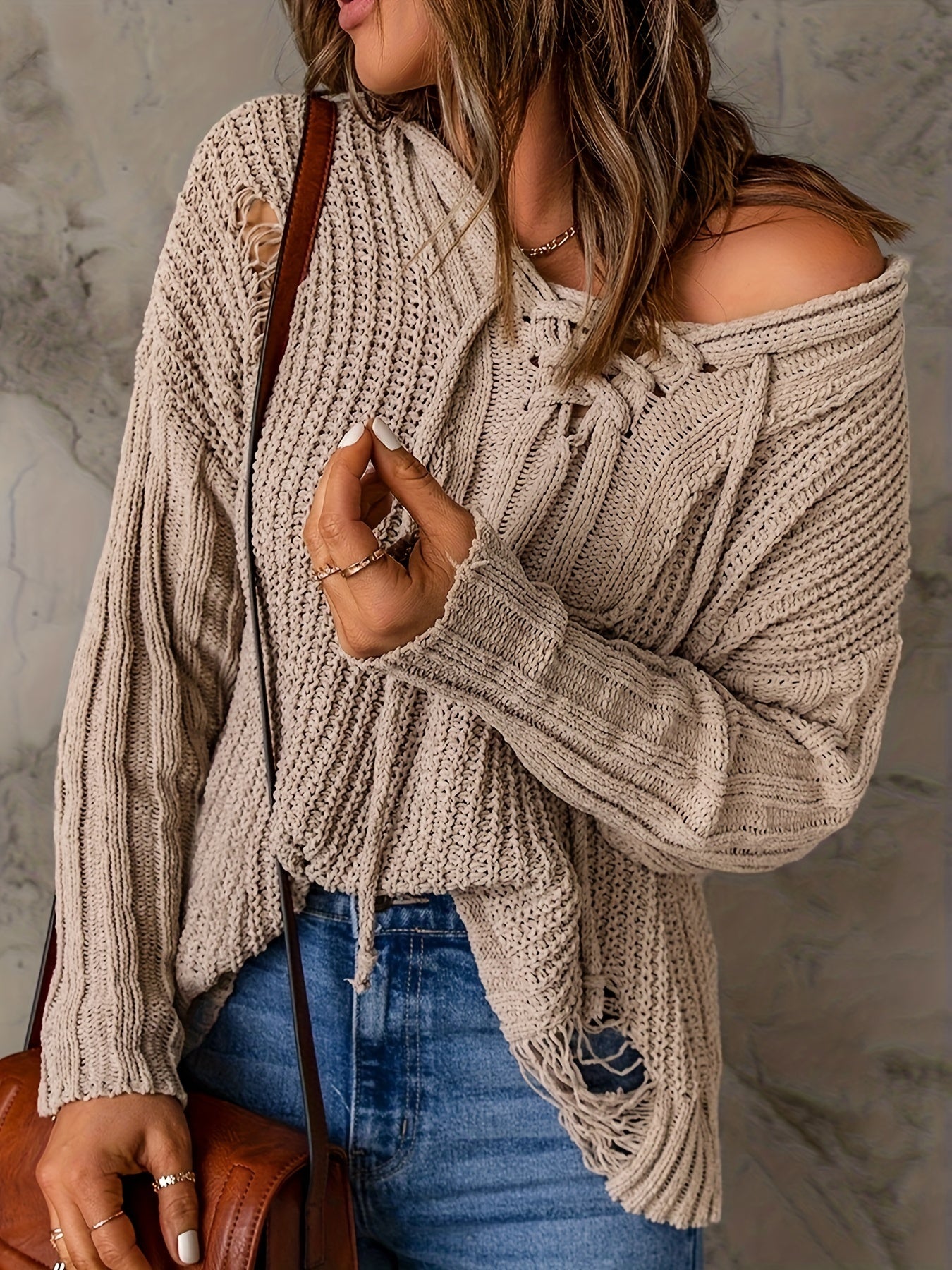 Casual Sweater Solid Chunky Ripped Lace Up Long Sleeve Hooded Pullover