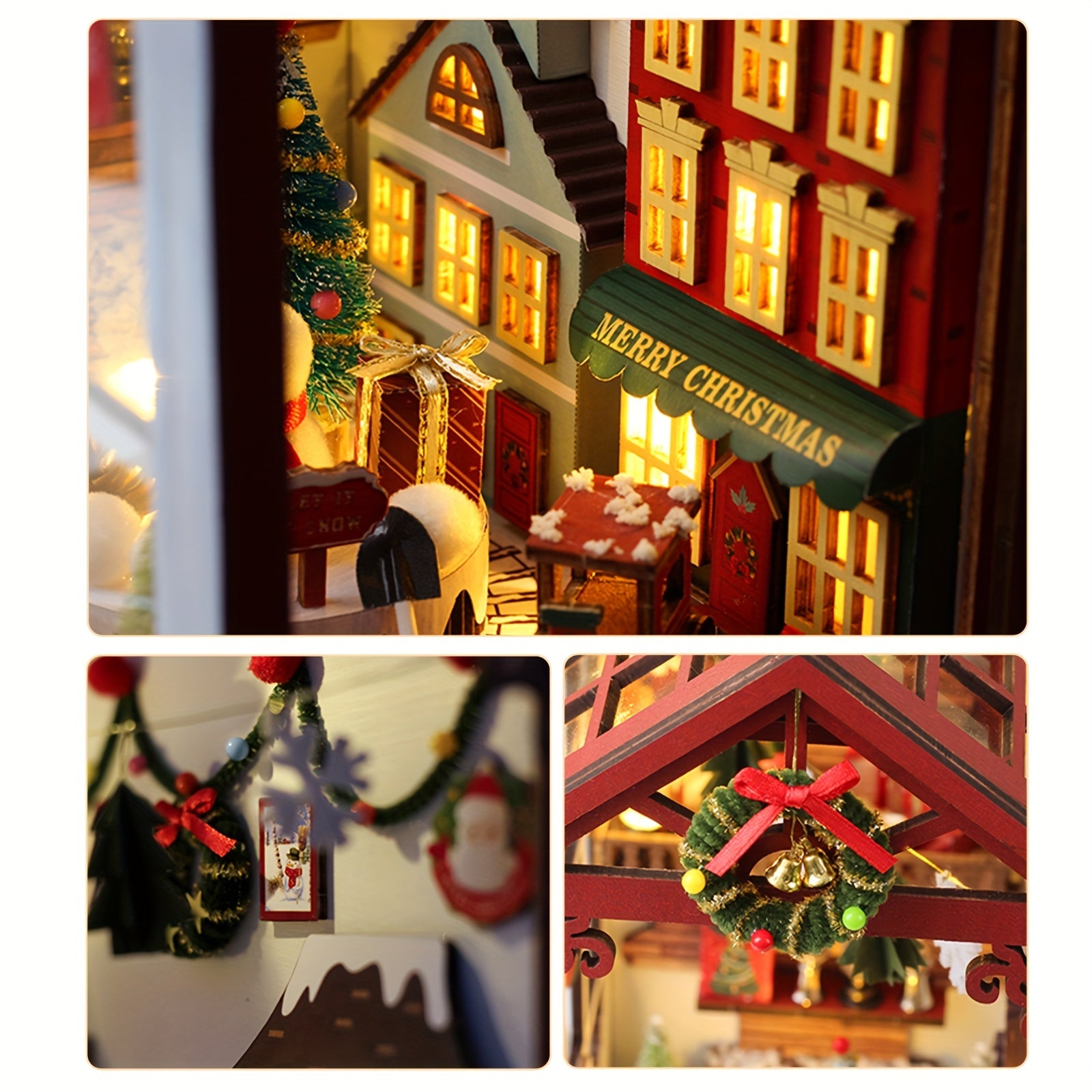 DIY 3D Wooden Puzzle LED Christmas House Booknook Bookshelf Decor