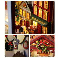 DIY 3D Wooden Puzzle LED Christmas House Booknook Bookshelf Decor