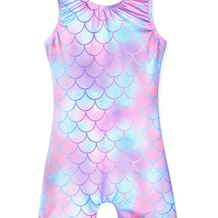 Girls Mermaid Scale Sleeveless Gymnastics Romper Leotard