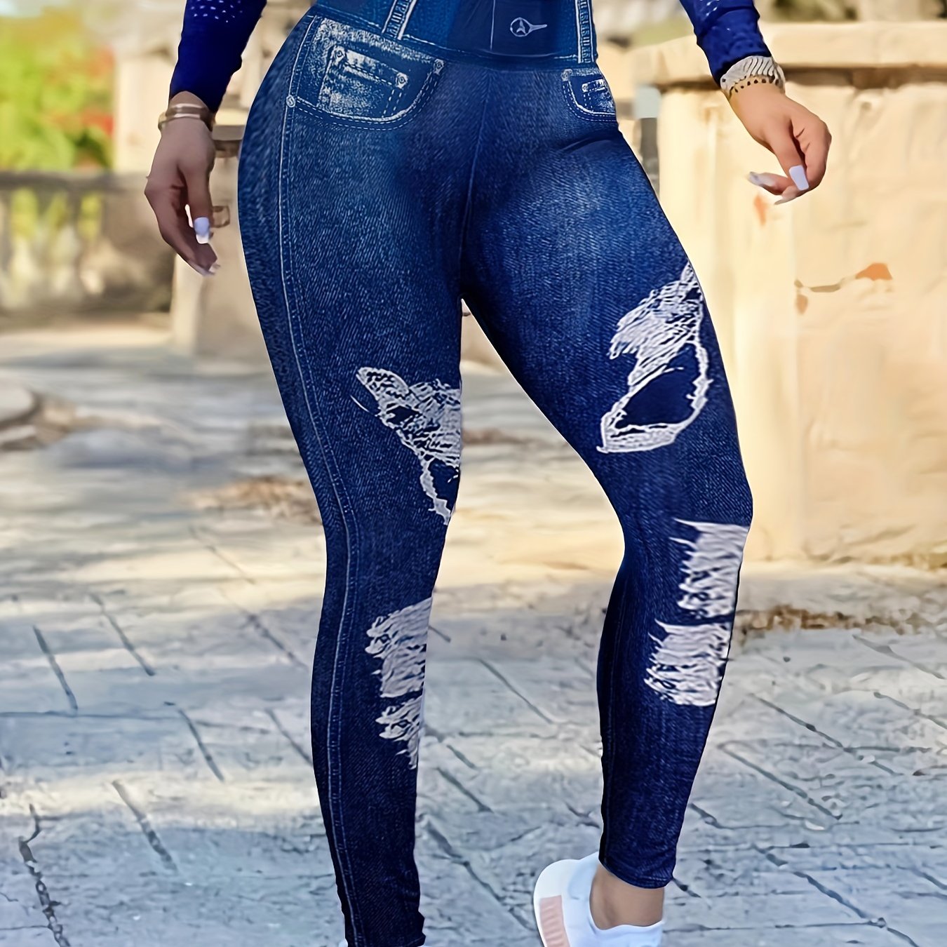 Women's Plus Denim Print High Rise Stretchy Yoga Skinny Leggings