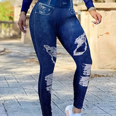 Women's Plus Denim Print High Rise Stretchy Yoga Skinny Leggings