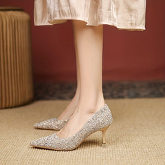 Glitter Sequins Stiletto Wedding Shoes Pointed Toe Heels