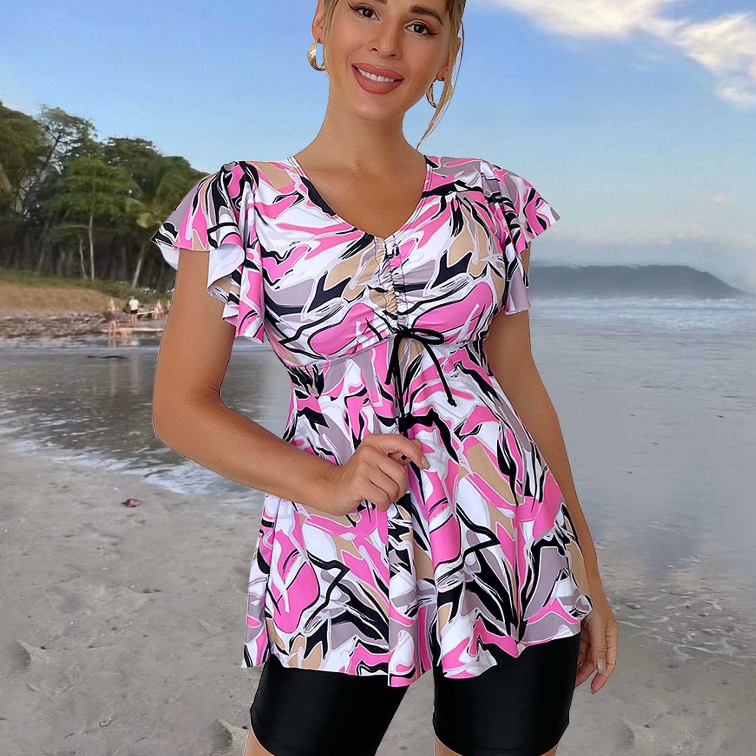 V Neck Tankini Set Peplum Boxer Short Bottom Swimsuit