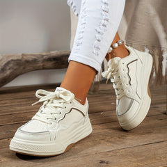Women's Faux Leather Flat Skate Shoes Lace Up Casual Sneakers