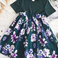 Floral Print Belted Dress Short Sleeve Round Neck A Line Flared Dresses