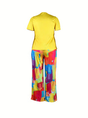 2pcs Queen Print Tee & Allover Print Wide Leg Pants Set Women's Clothing