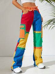 High Waist Colorblock Straight Jeans for Women