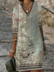 Retro Dress Women's Plus Floral Long Sleeve V Neck Dress