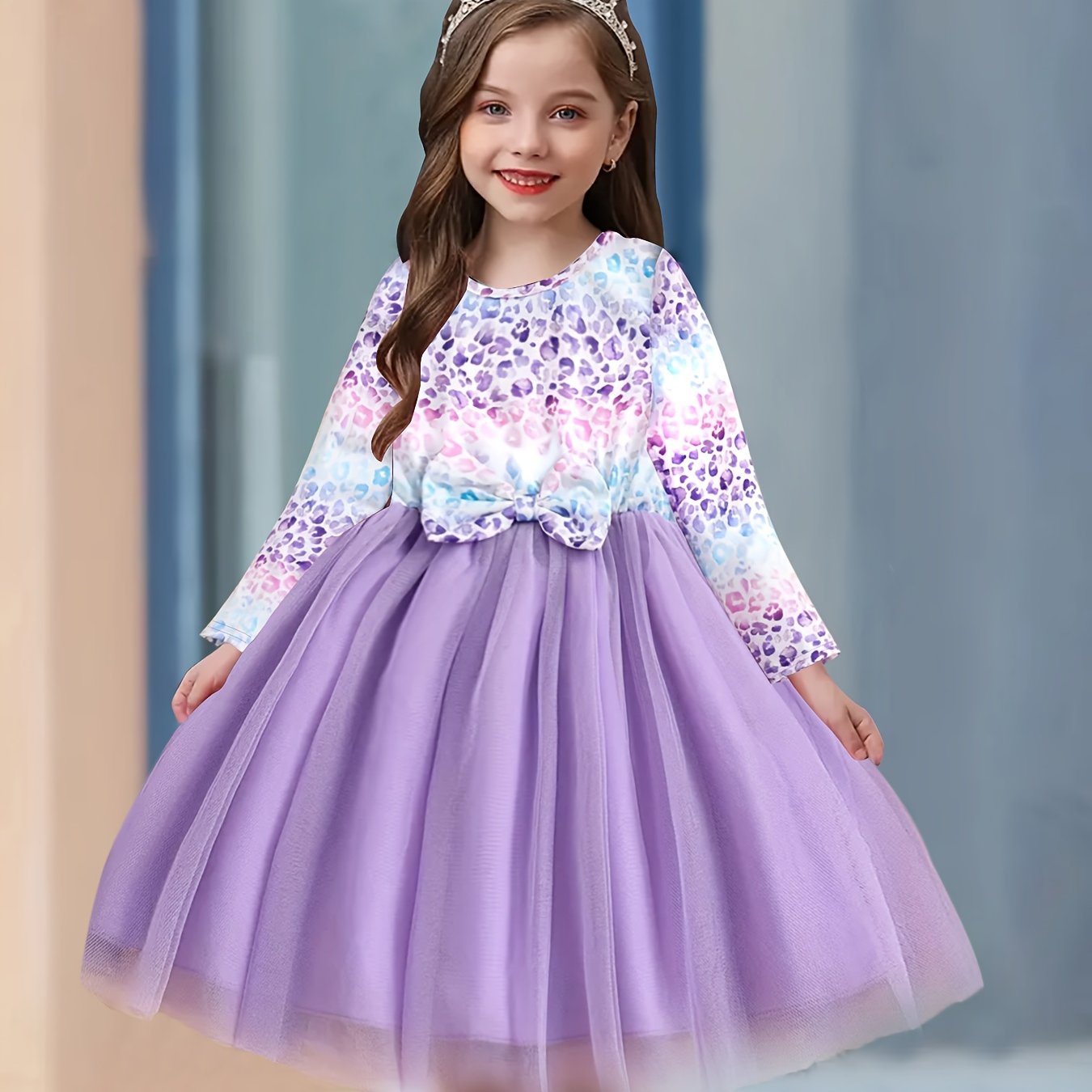 Leopard Print Flutter Trim Long Sleeve Tutu Dress